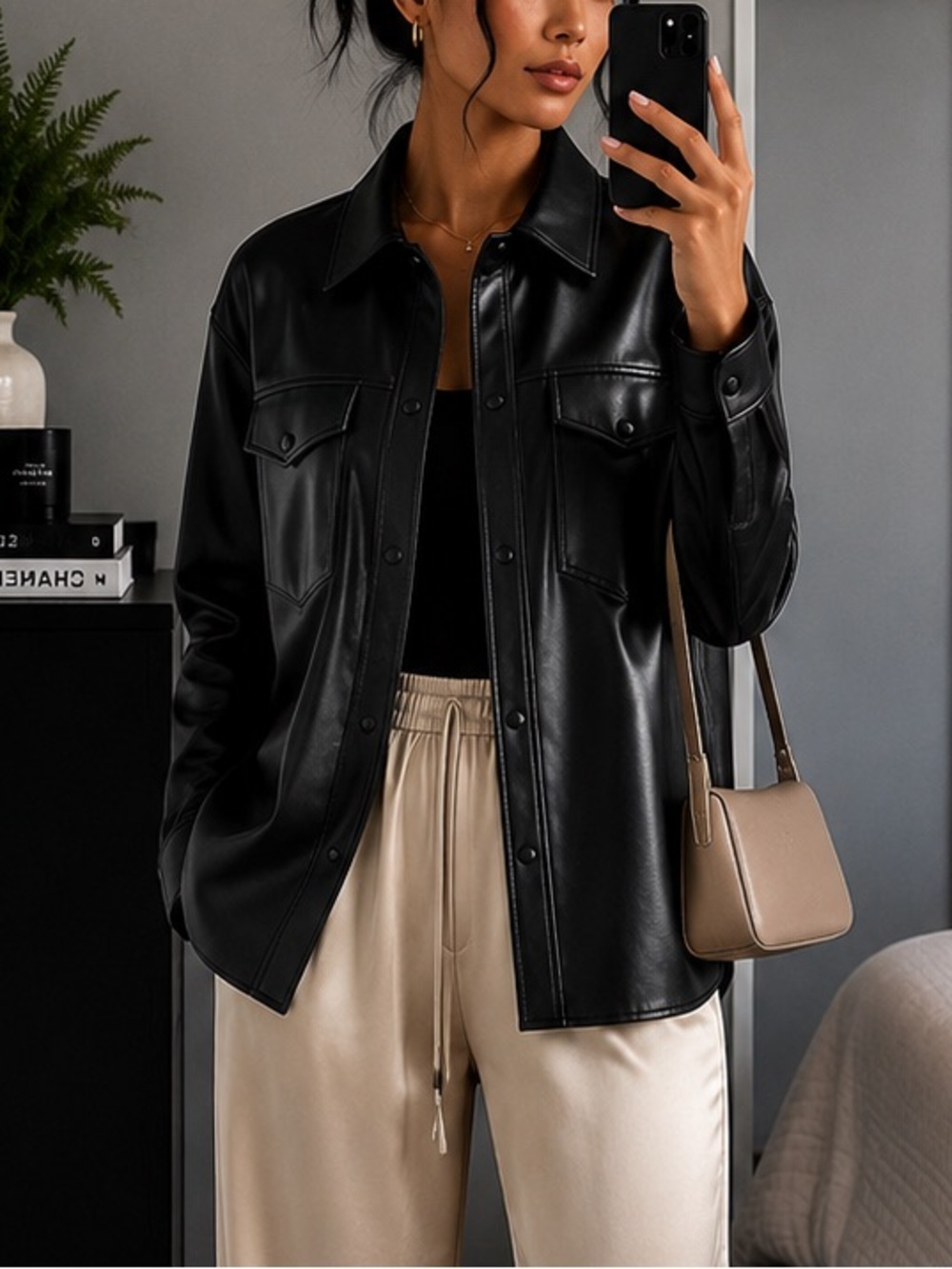 MANGO Black Faux Leather Shirt Jacket